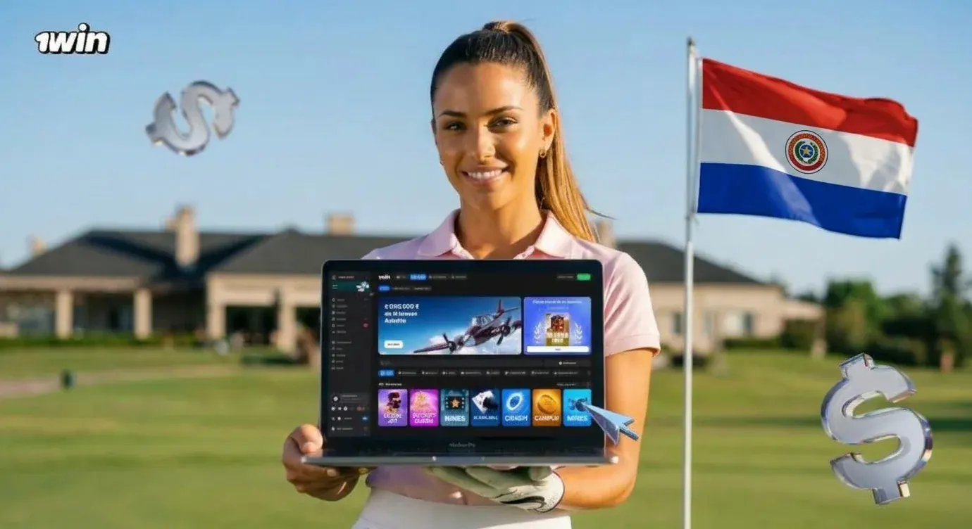 Golfista en un campo de golf muestra el casino de 1win en una laptop junto a la bandera de Paraguay